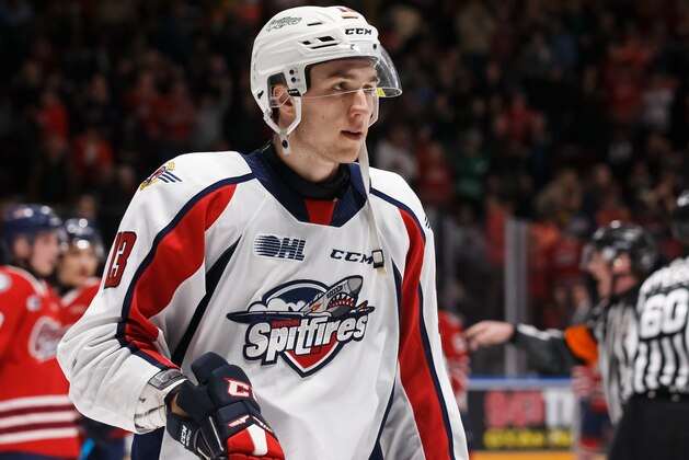 OSHAWA, ON - FEBRUARY 23: Will Cuylle #13 of the Windsor Spitfires skates during an OHL game against the Oshawa Generals at the Tribute Communities Centre on February 23, 2020 in Oshawa, Ontario, Canada.  (Photo by Chris Tanouye/Getty Images)