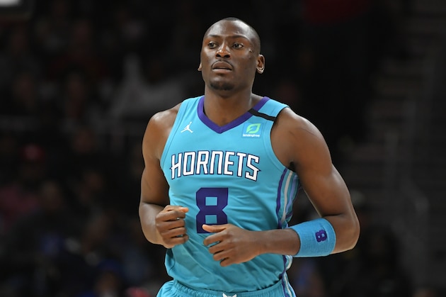 Charlotte Hornets center Bismack Biyombo (8) comes up the floor during an NBA basketball game against the Atlanta Hawks, Monday, March 9, 2020, in Atlanta. (AP Photo/John Amis)