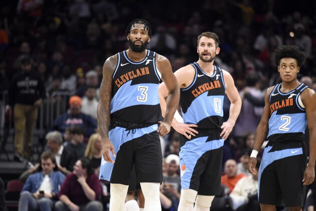 CLEVELAND, OHIO - FEBRUARY 09: Andre Drummond #3 Kevin Love #0 and Collin Sexton #2 of the Cleveland Cavaliers wait for a play during the second half against the LA Clippers at Rocket Mortgage Fieldhouse on February 09, 2020 in Cleveland, Ohio. The Clippers defeated the Cavaliers 133-92. NOTE TO USER: User expressly acknowledges and agrees that, by downloading and/or using this photograph, user is consenting to the terms and conditions of the Getty Images License Agreement. (Photo by Jason Miller/Getty Images)