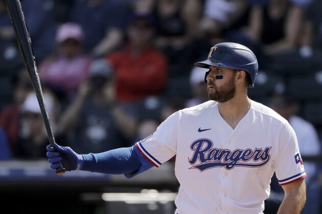 Texas Rangers' Joey Gallo bats during the first inning of a spring training baseball game against the Chicago Cubs Thursday, Feb. 27, 2020, in Surprise, Ariz. (AP Photo/Charlie Riedel)