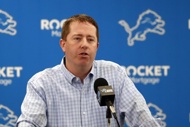 Detroit Lions General Manager Bob Quinn addresses the media in his annual pre-draft news conference, Thursday, April 18, 2019, in Allen Park, Mich. (AP Photo/Carlos Osorio)