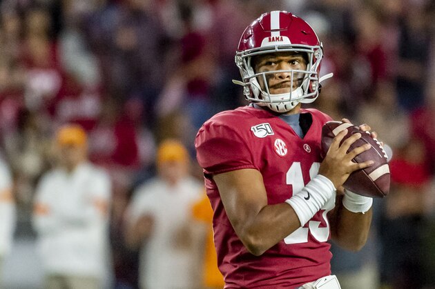 Alabama quarterback Tua Tagovailoa (13) during the first half of an NCAA college football game against Tennessee, Saturday, Oct. 19, 2019, in Tuscaloosa, Ala. (AP Photo/Vasha Hunt)