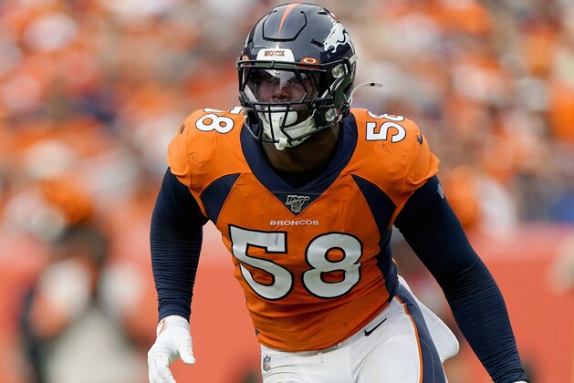 FILE - In this Sunday, Sept. 15, 2019 file photo, Denver Broncos outside linebacker Von Miller (58) lines up against the Chicago Bears during the second half of an NFL football game in Denver. Star linebacker Von Miller says his sprained left MCL that ended his 95-game starting streak might sideline him again Sunday, Dec. 8, 2019 when the Denver Broncos visit the Houston Texans. (AP Photo/Jack Dempsey, File)