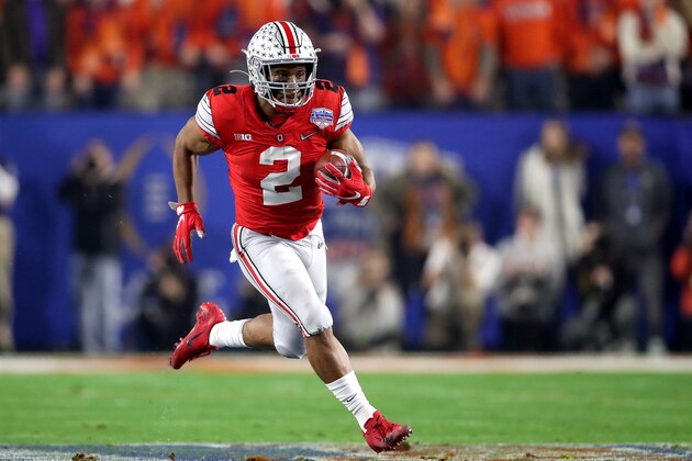 GLENDALE, ARIZONA - DECEMBER 28:  J.K. Dobbins #2 of the Ohio State Buckeyes runs the ball against the Clemson Tigers in the first half during the College Football Playoff Semifinal at the PlayStation Fiesta Bowl at State Farm Stadium on December 28, 2019 in Glendale, Arizona. (Photo by Christian Petersen/Getty Images)