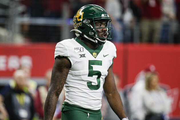 Baylor wide receiver Denzel Mims (5) during the Big 12 Championship game against Oklahoma Saturday, Dec. 7, 2019, in Arlington, Texas. Oklahoma won 30-23 in overtime. (AP Photo/Brandon Wade)