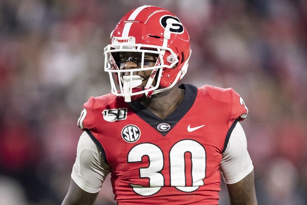 ATHENS, GA - NOVEMBER 09: Tae Crowder #30 of the Georgia Bulldogs celebrates after a tackle during a game between Missouri Tigers and Georgia Bulldogs at Sanford Stadium on November 09, 2019 in Athens, Georgia. (Photo by Steve Limentani/ISI Photos/Getty Images)