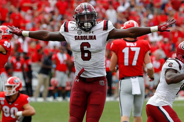 ATHENS, GEORGIA - OCTOBER 12: T.J. Brunson #6 and Jaycee Horn #1 of the South Carolina Gamecocks react after a missed field goal by Rodrigo Blankenship #98 of the Georgia Bulldogs in second overtime gave them a 20-17 win at Sanford Stadium on October 12, 2019 in Athens, Georgia. (Photo by Kevin C. Cox/Getty Images) ATHENS, GEORGIA - OCTOBER 12: T.J. Brunson #6 and Jaycee Horn #1 of the South Carolina Gamecocks react after a missed field goal by Rodrigo Blankenship #98 of the Georgia Bulldogs in second overtime gave them a 20-17 win at Sanford Stadium on October 12, 2019 in Athens, Georgia. (Photo by Kevin C. Cox/Getty Images)