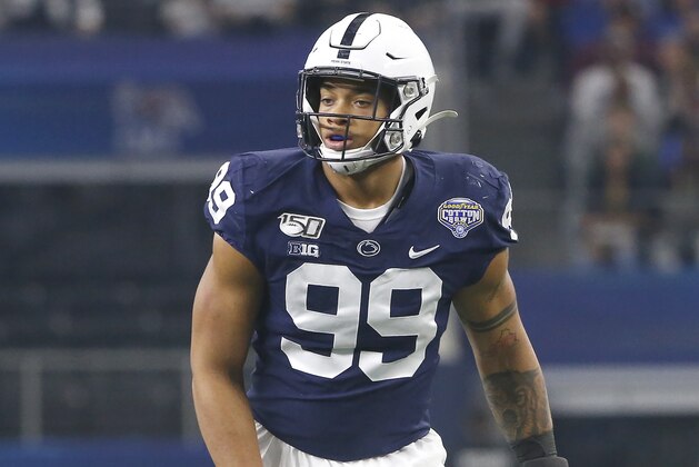 Penn State defensive end Yetur Gross-Matos (99) lines up against Memphis in the first half of the NCAA Cotton Bowl college football game, Saturday, Dec. 28, 2019, in Arlington, Texas. (AP Photo/Ron Jenkins) Penn State defensive end Yetur Gross-Matos (99) lines up against Memphis in the first half of the NCAA Cotton Bowl college football game, Saturday, Dec. 28, 2019, in Arlington, Texas. (AP Photo/Ron Jenkins)