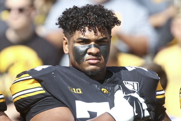 IOWA CITY, IOWA - SEPTEMBER 07:  Offensive lineman Tristan Wirfs #74 of the Iowa Hawkeyes before the match-up against the Rutgers Scarlet Knights on September 7, 2019 at Kinnick Stadium in Iowa City, Iowa.  (Photo by Matthew Holst/Getty Images)