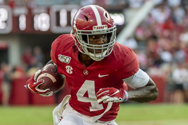 Alabama wide receiver Jerry Jeudy (4) gets loose against Mississippi during the second half of an NCAA college football game, Saturday, Sept. 28, 2019, in Tuscaloosa, Ala. (AP Photo/Vasha Hunt)