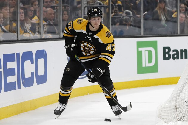 Boston Bruins' Torey Krug during the third period of an NHL hockey game against the Tampa Bay Lightning Saturday, March 7, 2020, in Boston. (AP Photo/Winslow Townson)
