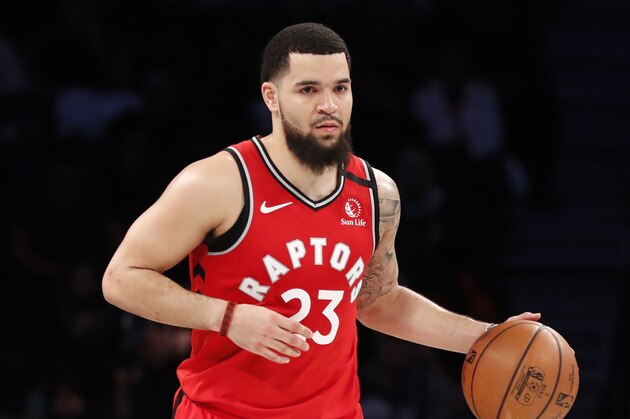 Toronto Raptors guard Fred VanVleet (23) handles the ball during the second quarter of an NBA basketball game against the Brooklyn Nets, Wednesday, Feb. 12, 2020, in New York. (AP Photo/Kathy Willens)