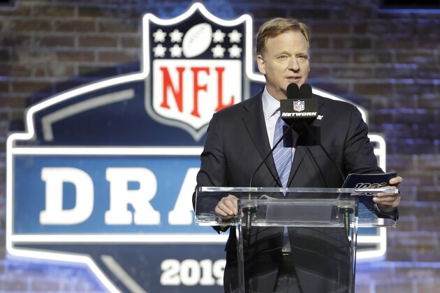 FILE - In this April 25, 2019, file photo, NFL Commissioner Roger Goodell speaks ahead of the first round at the NFL football draft in Nashville, Tenn. In a memo sent to the 32 teams Monday, April 6, 2020, and obtained by The Associated Press, NFL Commissioner Roger Goodell outlined procedures for the April 23-25 draft. The guidelines include no group gatherings. (AP Photo/Steve Helber, FIle)