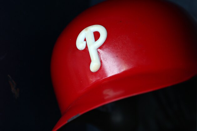 NEW YORK, NY - APRIL 04: A Philadelphia Phillies batting helmet with the new raised logo in the dugout before a game against the New York Mets at Citi Field on April 4, 2018 in the Flushing neighborhood of the Queens borough of New York City. (Photo by Rich Schultz/Getty Images)