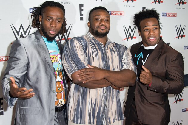 LONDON, ENGLAND - APRIL 18:  (L-R) Kofi Kingston, Big E and Xavier Woods of 'New Day' arrive for WWE RAW at 02 Brooklyn Bowl on April 18, 2016 in London, England.  (Photo by Ian Gavan/Getty Images)