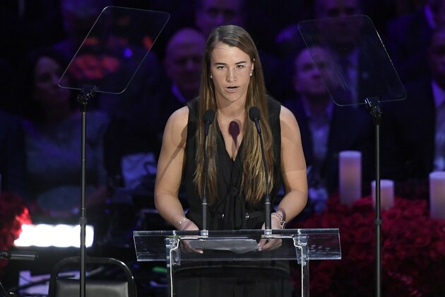 LOS ANGELES, CALIFORNIA - FEBRUARY 24: Sabrina Ionescu speaks during The Celebration of Life for Kobe & Gianna Bryant at Staples Center on February 24, 2020 in Los Angeles, California. (Photo by Kevork Djansezian/Getty Images)