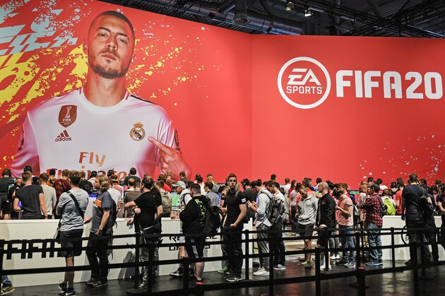 Eden Hazard of Real Madrid promotes the latest FIFA 20 video game from EA Sports at the Gamescom in Cologne, Germany, Tuesday, Aug. 20, 2019. Hundreds of thousands will check out the latest video games this week at the biggest event in the gaming industry. (AP Photo/Martin Meissner)
