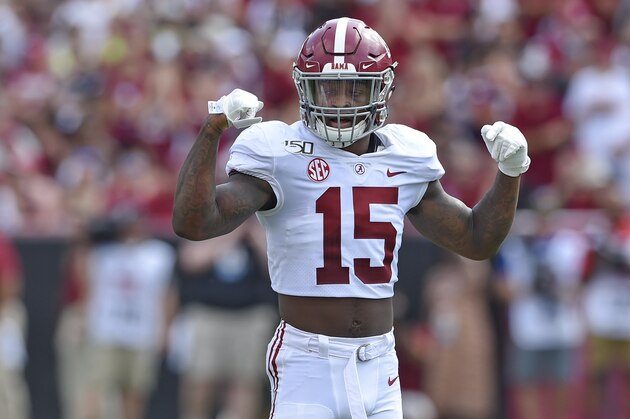 Alabama's Xavier McKinney signals a paly during an NCAA football game on Saturday, Sept. 14, 2019 in Columbia, S.C. (AP Photo/Richard Shiro)