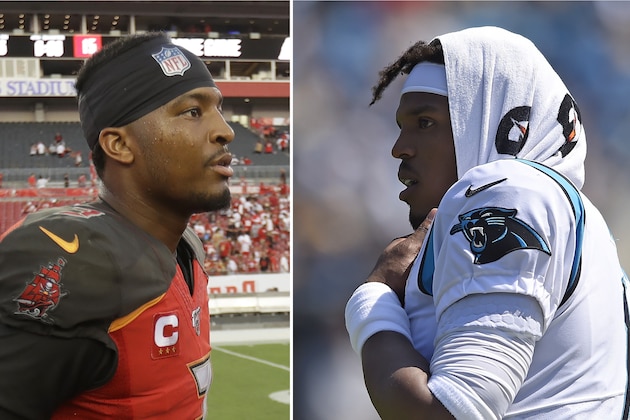 FILE - At left, in a Sept. 8, 2019, file photo, Tampa Bay Buccaneers quarterback Jameis Winston walks off the field after the second half an NFL football game against the San Francisco 49ers, in Tampa, Fla. At right, also in a Sept. 8, 2019, file photo,  Carolina Panthers quarterback Cam Newton (1) looks on from the sidelines during the first half of an NFL football game against the Los Angeles Rams in Charlotte, N.C. (AP Photo/File)