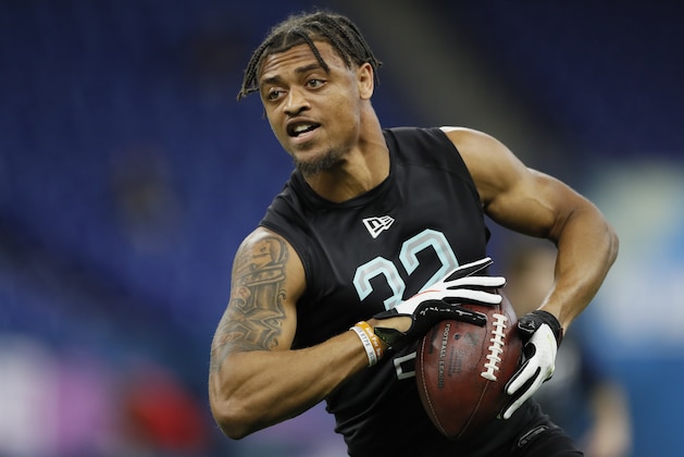 Clemson defensive back A J Terrell runs a drill at the NFL football scouting combine in Indianapolis, Sunday, March 1, 2020. (AP Photo/Charlie Neibergall)