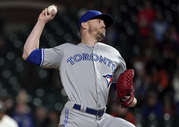Toronto Blue Jays pitcher Ken Giles throws against the San Francisco Giants during the ninth inning of a baseball game in San Francisco, Tuesday, May 14, 2019. The Blue Jays won 7-3. (AP Photo/Tony Avelar)