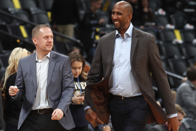 Denver Nuggets general manager Tim Connelly, left, and assistant Calvin Booth in the first half of an NBA basketball game Thursday, Nov. 9, 2017, in Denver. (AP Photo/David Zalubowski) Denver Nuggets general manager Tim Connelly, left, and assistant Calvin Booth in the first half of an NBA basketball game Thursday, Nov. 9, 2017, in Denver. (AP Photo/David Zalubowski)