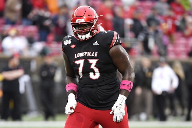 Louisville offensive lineman Mekhi Becton (73) in action during the first half of an NCAA college football game in Louisville, Ky., Saturday, Oct. 26, 2019. (AP Photo/Timothy D. Easley)