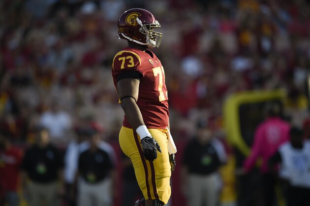 Southern California offensive tackle Austin Jackson (73) in action during the first half of an NCAA college football game against Utah in Los Angeles, Saturday, Oct. 14, 2017. (AP Photo/Kelvin Kuo)