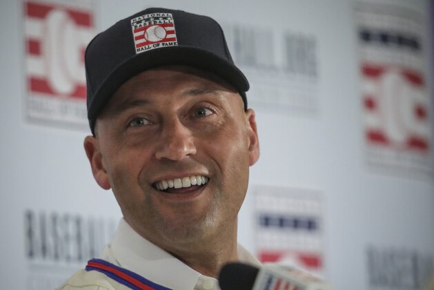 New York Yankees shortstop Derek Jeter speaks during the Baseball Hall of Fame news conference, Wednesday Jan. 22, 2020, in New York. Jeter and Colorado Rockies outfielder Larry Walker will both join the 2020 Hall of Fame class. (AP Photo/Bebeto Matthews)