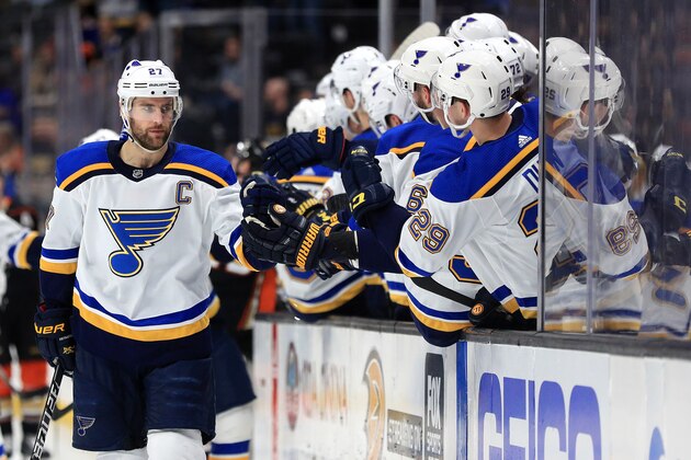 ANAHEIM, CALIFORNIA - MARCH 11:  Alex Pietrangelo #27 of the St. Louis Blues is congratulated at the bench after scoring a goal during the first period of a game against the Anaheim Ducks at Honda Center on March 11, 2020 in Anaheim, California. (Photo by Sean M. Haffey/Getty Images)