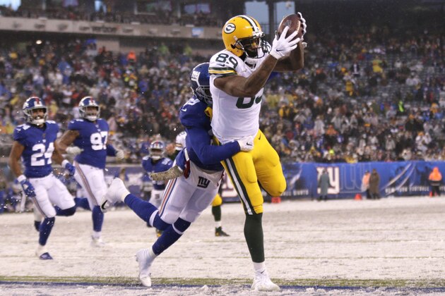 Green Bay Packers' Marcedes Lewis, right, catches a touchdown during the second half of an NFL football game against the New York Giants, Sunday, Dec. 1, 2019, in East Rutherford, N.J. (AP Photo/Adam Hunger) Green Bay Packers' Marcedes Lewis, right, catches a touchdown during the second half of an NFL football game against the New York Giants, Sunday, Dec. 1, 2019, in East Rutherford, N.J. (AP Photo/Adam Hunger)