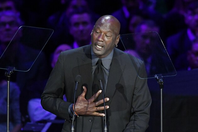 LOS ANGELES, CALIFORNIA - FEBRUARY 24: Michael Jordan speaks during The Celebration of Life for Kobe & Gianna Bryant at Staples Center on February 24, 2020 in Los Angeles, California. (Photo by Kevork Djansezian/Getty Images)