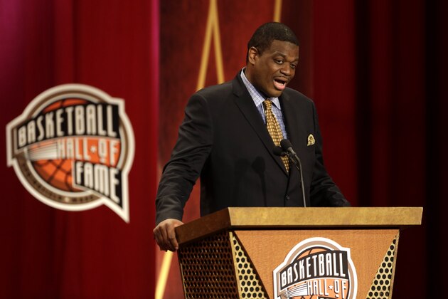 FILE - In this Sept. 8, 2013 file photo, inductee Bernard King speaks during the enshrinement ceremony for the 2013 class of the Naismith Memorial Basketball Hall of Fame at Symphony Hall in Springfield, Mass. In an ESPN