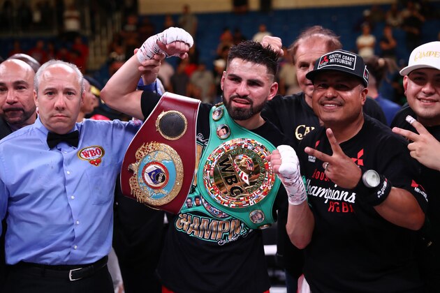 ARLINGTON, TEXAS - JULY 27:  Jose Ramirez celebrates his TKO against Maurice Hooker during their WBO & WBC Junior Welterweight World Championship fight at College Park Center on July 27, 2019 in Arlington, Texas. (Photo by Ronald Martinez/Getty Images)