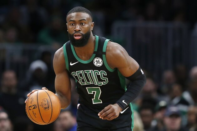Boston Celtics' Jaylen Brown plays against the Houston Rockets during an NBA basketball game in Boston, Saturday, Feb. 29, 2020. (AP Photo/Michael Dwyer)