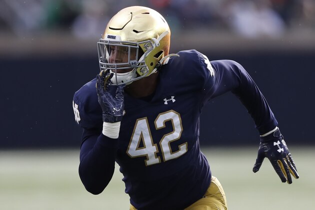 Notre Dame defensive lineman Julian Okwara in action during the first half of an NCAA college football game, Saturday, Nov. 2, 2019, in South Bend, Ind. (AP Photo/Carlos Osorio)