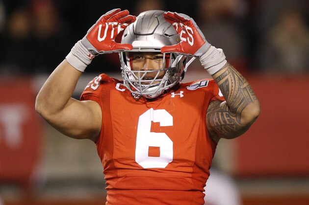 Utah defensive end Bradlee Anae (6) celebrates after sacking Colorado quarterback Steven Montez in the second half during an NCAA college football game Saturday, Nov. 30, 2019, in Salt Lake City. (AP Photo/Rick Bowmer)