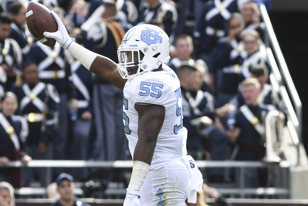 BLACKSBURG, VA - OCTOBER 19: Defensive lineman Jason Strowbridge #55 of the North Carolina Tar Heels reacts following his fumble recovery against the Virginia Tech Hokies in the first half at Lane Stadium on October 19, 2019 in Blacksburg, Virginia. (Photo by Michael Shroyer/Getty Images)