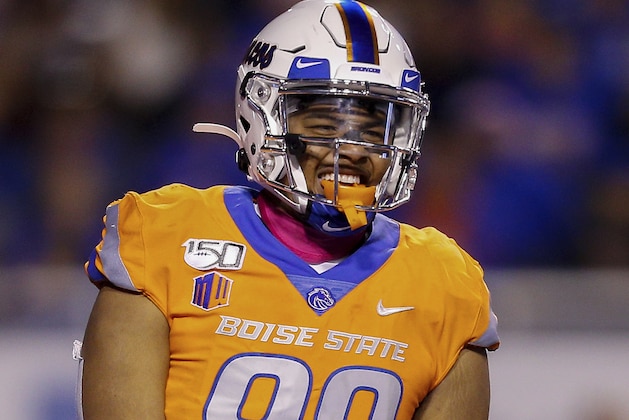 Boise State linebacker Curtis Weaver (99) looks to the sidelines during in the first half of an NCAA college football game against Hawaii, Saturday, Oct. 12, 2019, in Boise, Idaho. Boise State won 59-37. (AP Photo/Steve Conner)