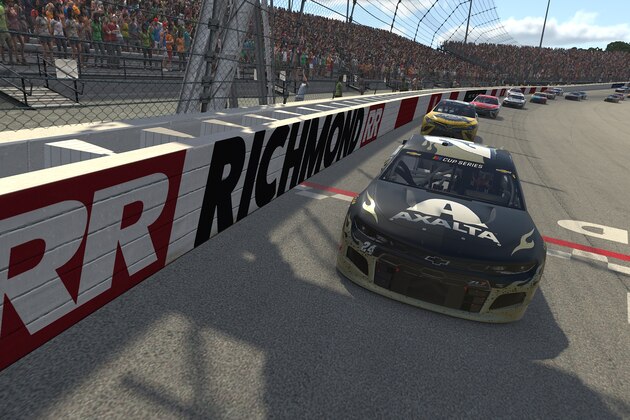 RICHMOND, VIRGINIA - APRIL 19: (EDITORIAL USE ONLY) (Editors note: This image was computer generated in-game) William Byron, driver of the #24 Axalta Chevrolet, crosses the finish line to win the eNASCAR iRacing Pro Invitational Series Toyota Owners 150at Richmond Raceway on April 19, 2020 in Richmond, Virginia. (Photo by Chris Graythen/Getty Images)
