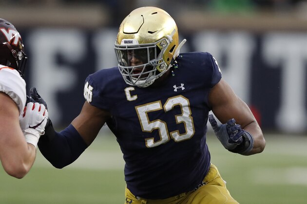 Notre Dame defensive lineman Khalid Kareem (53) in action during the second half of an NCAA college football game against Virginia Tech, Saturday, Nov. 2, 2019, in South Bend, Ind. (AP Photo/Carlos Osorio)