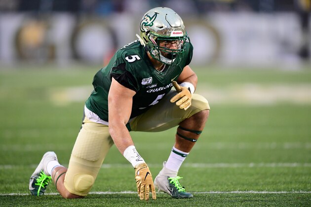 CHARLOTTE, NORTH CAROLINA - NOVEMBER 23: Alex Highsmith #5 of the Charlotte 49ers during the first half during their game against the Marshall Thundering Herd at Jerry Richardson Stadium on November 23, 2019 in Charlotte, North Carolina. (Photo by Jacob Kupferman/Getty Images)