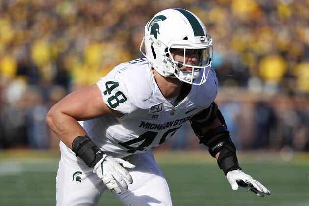 Michigan State defensive end Kenny Willekes plays against Michigan in the first half of an NCAA college football game in Ann Arbor, Mich., Saturday, Nov. 16, 2019. (AP Photo/Paul Sancya)