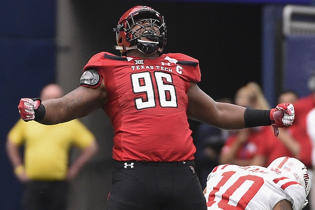 Texas Tech defensive lineman Broderick Washington Jr. (96) reacts after his sack of Mississippi quarterback Jordan Ta'amu (10) during the first half of a college football game, Saturday, Sept. 1, 2018, in Houston. (AP Photo/Eric Christian Smith)