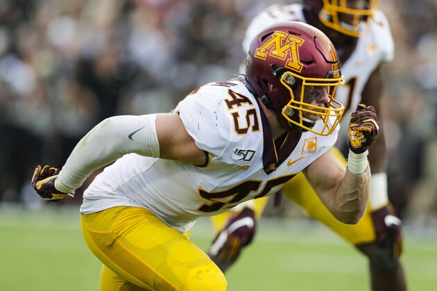 Minnesota linebacker Carter Coughlin (45) plays against Purdue during the second half of an NCAA college football game in West Lafayette, Ind., Saturday, Sept. 28, 2019. Minnesota defeated Purdue 38-31. (AP Photo/Michael Conroy)