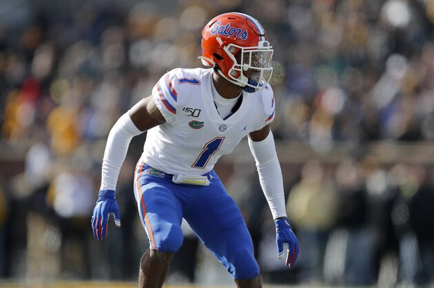 Florida defensive back CJ Henderson takes up his position during the first half of an NCAA college football game against Missouri Saturday, Nov. 16, 2019, in Columbia, Mo. (AP Photo/Jeff Roberson)