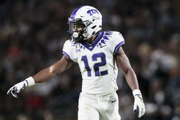 TCU cornerback Jeff Gladney (12) in action as TCU played Purdue in an NCAA football game on Saturday, Sept. 14, 2019 in West Lafayette, Ind. (AP Photo/AJ Mast)