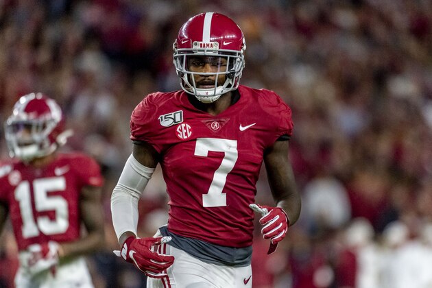 Alabama defensive back Trevon Diggs (7) during the first half of an NCAA college football game against Tennessee, Saturday, Oct. 19, 2019, in Tuscaloosa, Ala. (AP Photo/Vasha Hunt)