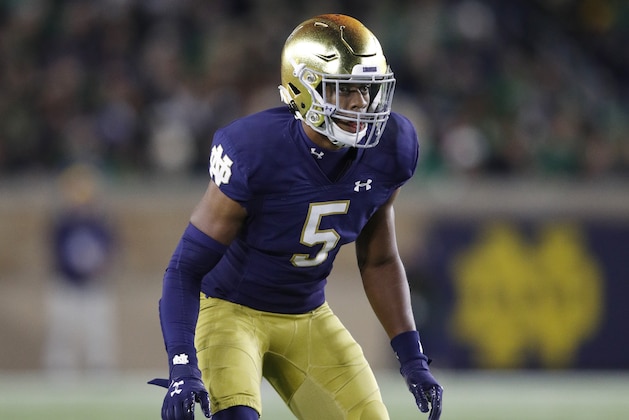 SOUTH BEND, IN - OCTOBER 12: Troy Pride Jr. #5 of the Notre Dame Fighting Irish in action on defense during a game against the USC Trojans at Notre Dame Stadium on October 12, 2019 in South Bend, Indiana. Notre Dame defeated USC 30-27. (Photo by Joe Robbins/Getty Images) SOUTH BEND, IN - OCTOBER 12: Troy Pride Jr. #5 of the Notre Dame Fighting Irish in action on defense during a game against the USC Trojans at Notre Dame Stadium on October 12, 2019 in South Bend, Indiana. Notre Dame defeated USC 30-27. (Photo by Joe Robbins/Getty Images)