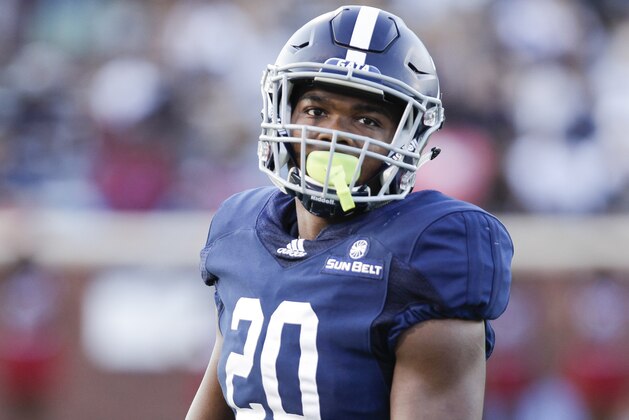 STATESBORO, GA - SEPTEMBER 01: Kindle Vildor #20 of the Georgia Southern Eagles looks to the sideline during their game against the South Carolina State Bulldogs on September 1, 2018 in Statesboro, Georgia. (Photo by Chris Thelen/Getty Images)
